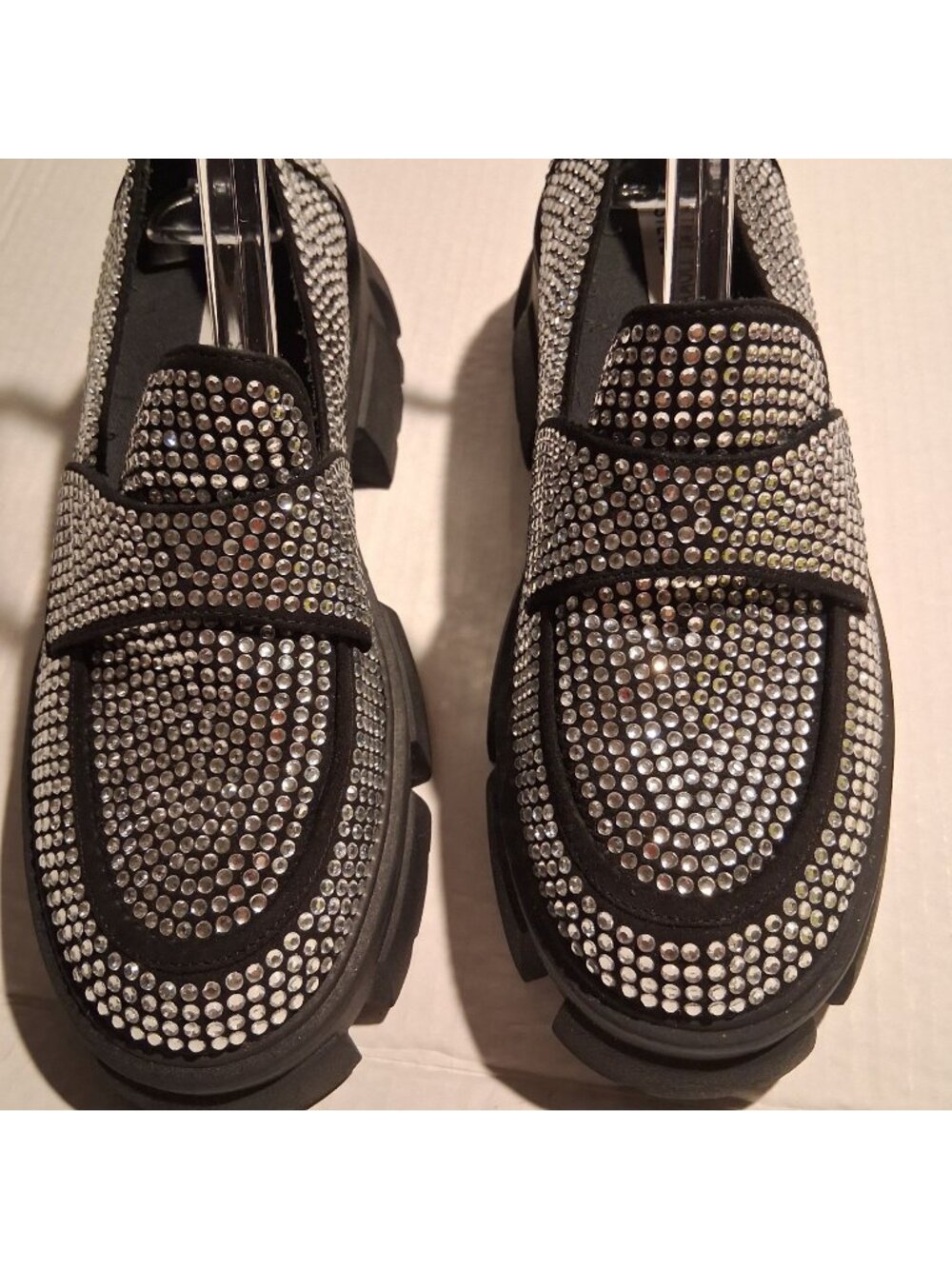 Rhinestone-Embellished Chunky Black Loafers w/ Lug Sole Strap - Women-SIZE: 10